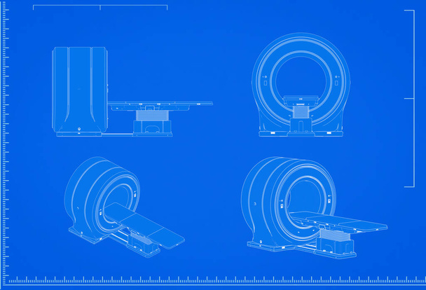 3d renderowania skaner rezonans magnetyczny plan maszyny z skali na niebieskim tle - Zdjęcie, obraz