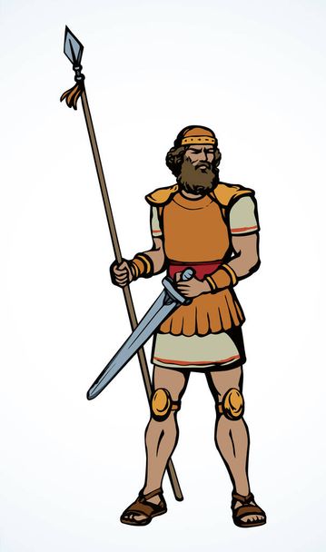 Γενναίος ηλικιωμένος ευγενής άνδρας γενειοφόρος Έλληνας βασιλιάς υπερασπιστής στάση ήρωα. Χρυσό χέρι χρώμα επέστησε ισχυρή εβραϊκή παρελθόν ανθρώπινο σημάδι εικονίδιο. Το λογότυπο του εβραϊκού σπαθιού. Ρετρό λευκό σκίτσο Ισραήλ τέχνη στυλ γραμμή κινουμένων σχεδίων - Διάνυσμα, εικόνα