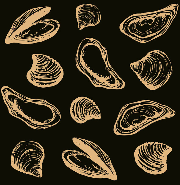 Big fresh perl Ostreidae mollusc on dark backdrop. Outline black ink hand drawn french diet delicacy dining icon sign design sketchy in retro art cartoon doodle engraved style pen on beige paper - Vector, Image
