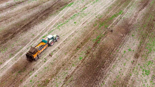 Трактор с прицепом удобряет поле натуральным удобрением-навозом. Вид с воздуха
. - Фото, изображение