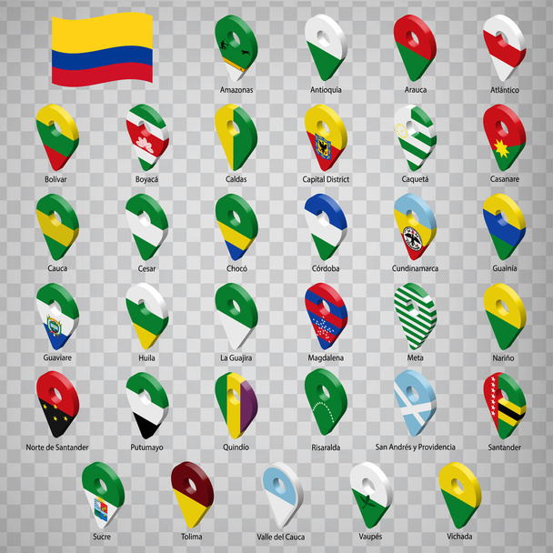 Тридцать три флага Колумбии - алфавитный порядок с названием. Набор 3d геолокационных знаков, таких как флаги штатов Колумбии. Тридцать три знака геолокации для вашего дизайна, логотип. S10
. - Вектор,изображение
