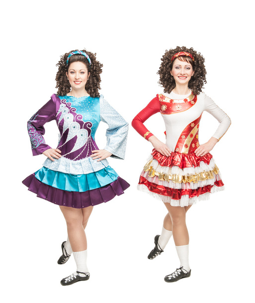 Two young women in irish dance dresses posing isolated - Photo, Image