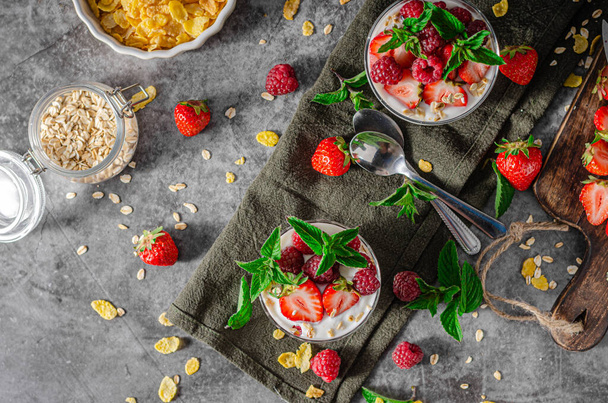 Delicious granola with strawberries and raspberries, bio homemade yogurt - Photo, Image