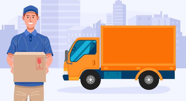 Servicio de entrega. Un repartidor sosteniendo un paquete con su camión. Vector
 - Vector, Imagen