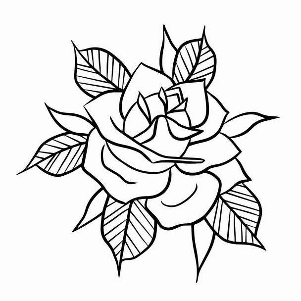 Old School Rose Tattoo Black Outline. Coloring page print for t-shirt postcards logo icons. Vintage traditional art. Stock vector illustration isolated on white background. - Vektor, Bild