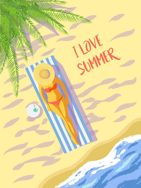   La fille est allongée sur la plage. Des bains de soleil, un cocktail. Loisirs. J'aime l'été! - Vecteur, image