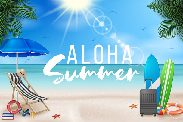 Vector Summer Holiday Illustration with Beach Ball, Palm Leaves, Surf Board and Typography Letter on Blue Ocean Landscape Background. - Διάνυσμα, εικόνα