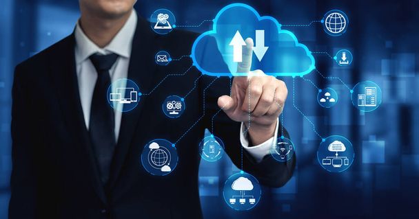 Cloud-Computing-Technologie und Online-Datenspeicherung für Business-Netzwerk-Konzept. Computer verbindet sich mit Internet-Serverdienst für Cloud-Datenübertragung in futuristischer 3D-Grafikschnittstelle. - Foto, Bild