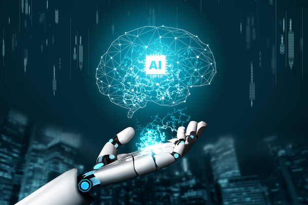 Renderização 3D desenvolvimento de tecnologia robótica futurista, inteligência artificial IA e conceito de aprendizado de máquina. Pesquisa científica robótica biônica global para o futuro da vida humana
. - Foto, Imagem