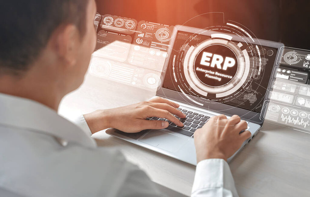 Enterprise Resource Management ERP software system for business resources plan παρουσιάζεται σε σύγχρονη γραφική διεπαφή που δείχνει τη μελλοντική τεχνολογία για τη διαχείριση των επιχειρηματικών πόρων της εταιρείας. - Φωτογραφία, εικόνα