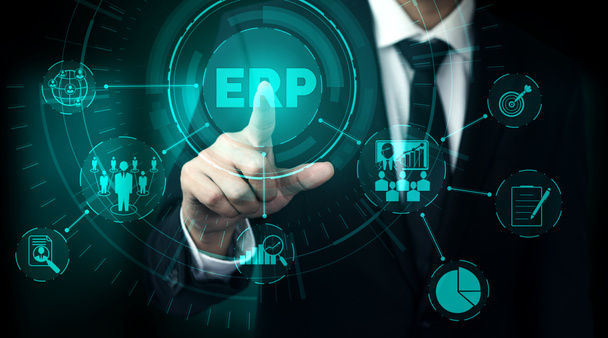 Enterprise Resource Management ERP software system for business resources plan παρουσιάζεται σε σύγχρονη γραφική διεπαφή που δείχνει τη μελλοντική τεχνολογία για τη διαχείριση των επιχειρηματικών πόρων της εταιρείας. - Φωτογραφία, εικόνα
