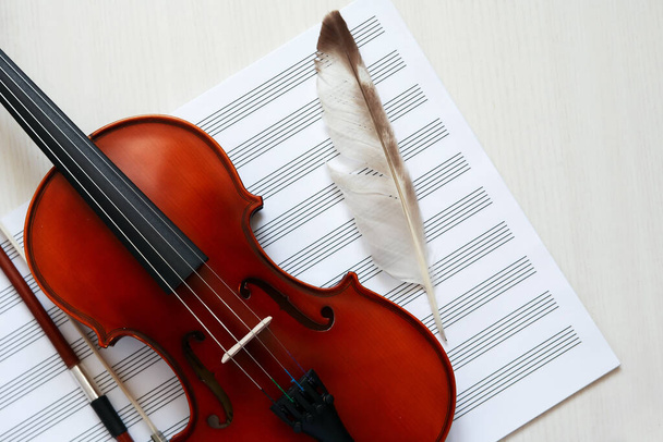 Bom violino e pena em livro de música em branco aberto
 - Foto, Imagem