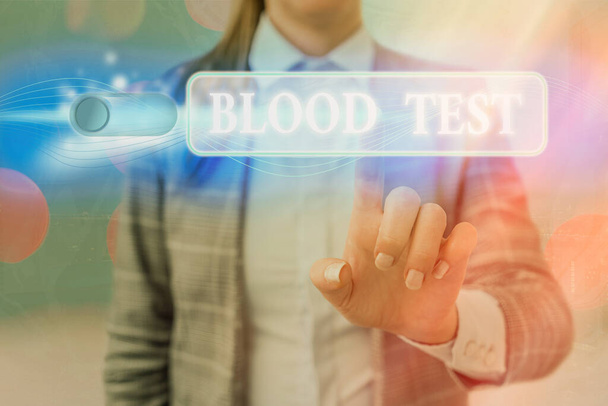 Tekst napisany przez słowo Blood Test. Business concept for Extracted blood sample from the body to perfom a laboratory analysis Graphics padlock for web data security application system. - Zdjęcie, obraz