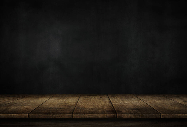 Wooden floor on black wall in dark room background, for montage product presentation. 3D illustration - Zdjęcie, obraz