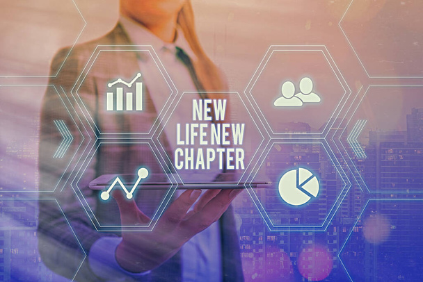 Handwriting text New Life New Chapter. Concept meaning modification of brand or business Change opportunities Grids and different set up of the icons latest digital technology concept. - Photo, Image