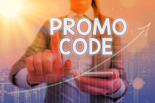 Conceptual hand writing showing Promo Code. Business photo showcasing letters or numbers that allows getting a discount on something Arrow symbol going upward showing significant achievement. - Photo, Image