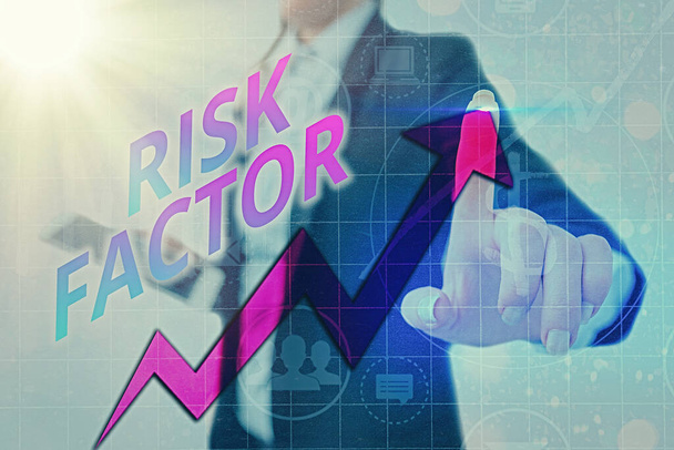 Writing note showing Risk Factor. Business photo showcasing Characteristic that may increase the percentage of acquiring a disease Arrow symbol going upward showing significant achievement. - Photo, Image