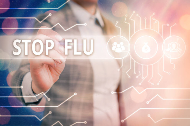 Wortschreibtext Stoppt die Grippe. Geschäftskonzept zur Beendigung der Virusinfektion Ihrer Lungen und Atemwege Systemadministrator-Steuerung, Getriebekonfiguration Tools-Konzept. - Foto, Bild