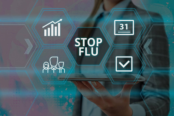 Kézírás üzenet: "Állítsd meg az influenzát". Fogalom jelentése véget vet a vírusos fertőzés a tüdő és a légutak rácsok és a különböző létrehozott ikonok legújabb digitális technológia koncepció. - Fotó, kép