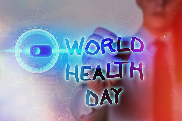 Kirjoitan lappua, jossa lukee Maailman terveyspäivä. Business valokuva esittelee globaalin terveystietoisuuden päivä vietetään vuosittain 7 Huhtikuu Grafiikka riippulukko web tietoturvasovellusjärjestelmä. - Valokuva, kuva