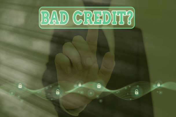 Word writing text Bad Credit Question. Business concept for a bad credit score due to nonpayment of loans Graphics padlock for web data information security application system. - Photo, Image