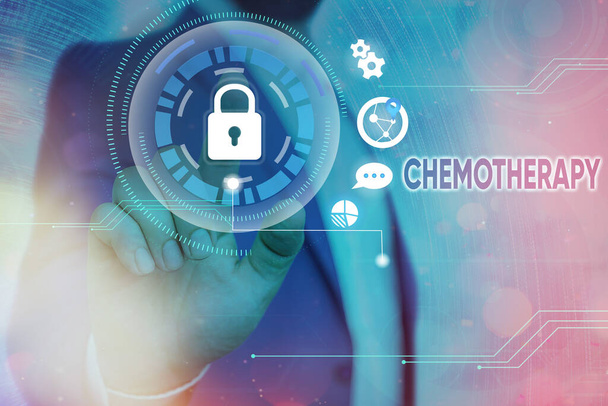 Pisanie tekstów Chemioterapia. Koncepcja oznaczająca leczenie choroby przy użyciu substancji chemicznych Graficzna kłódka do systemu aplikacji bezpieczeństwa informacji internetowej. - Zdjęcie, obraz