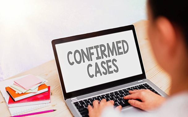 Conceptual hand writing showing Confirmed Cases. Business photo text set of circumstances or conditions requiring action Modern gadgets white screen under colorful bokeh background. - Photo, Image