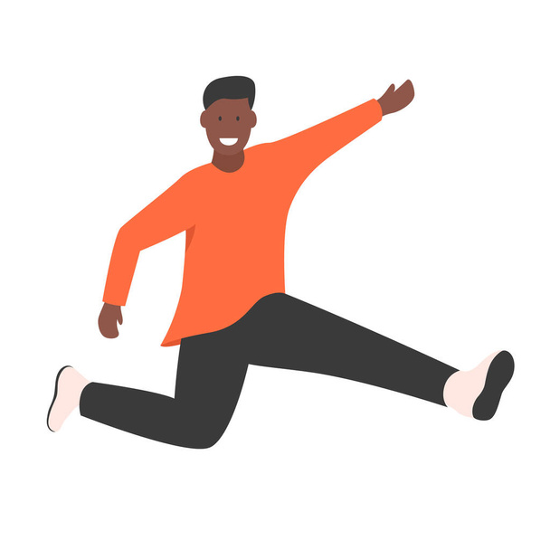 Feliz joven afroamericano hombre saltando ilustración vector plano. Hombre divirtiéndose, bailando y saltando con las manos en alto. Feliz sonriente chico elegante realizando danza y saltar en el aire
 - Vector, Imagen