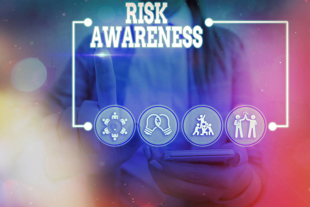 Conceptual hand writing showing Risk Awareness. Business photo text recognizing factors that may cause a lifethreatening effect Information digital technology network infographic elements. - Photo, Image