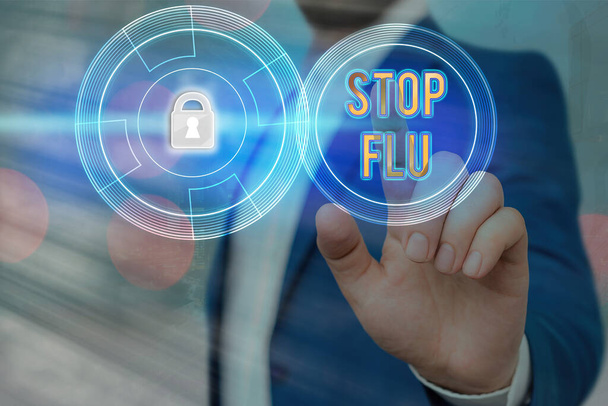 Χειρόγραφο κείμενο που γράφει Stop Flu. Έννοια έννοια θέσει ένα τέλος στην ιογενή λοίμωξη των πνευμόνων και των αεραγωγών σας Γραφικό λουκέτο για web σύστημα εφαρμογής ασφάλειας πληροφοριών. - Φωτογραφία, εικόνα