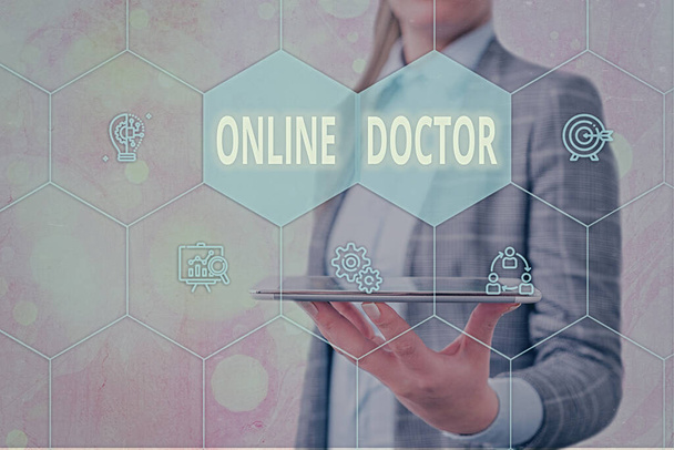 手書きのテキストオンラインドクター。概念とは、インターネット上で医療を提供する医療従事者を意味しますグリッドとアイコンの異なる設定最新のデジタル技術の概念. - 写真・画像
