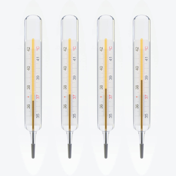 Vier thermometers laten verschillende temperaturen zien. Op een witte achtergrond. 3d illustratie. Handig in het tijdperk van de Pandemische Covid-19 - Foto, afbeelding