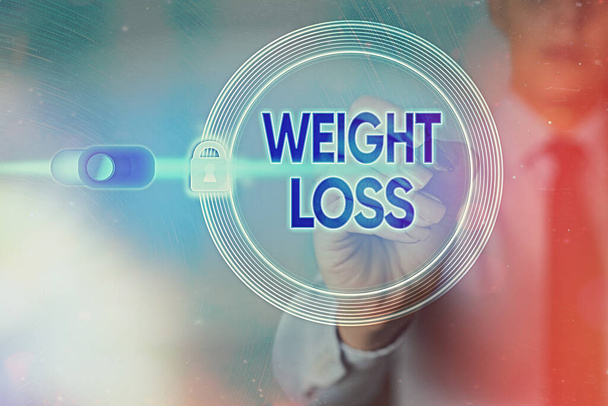 Writing note showing Weight Loss. Business photo showcasing a reduction of the total body mass due to a mean loss of fluid Graphics padlock for web data information security application system. - Photo, Image