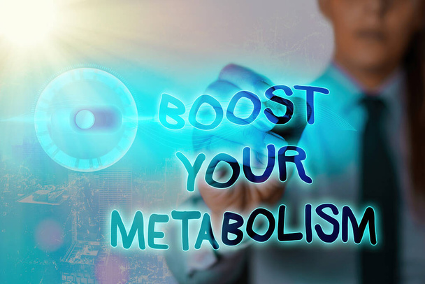 Schrijfbriefje met Boost Your Metabolism. Bedrijfsfoto presentatie lichaam proces gebruikt om energie te maken en te verbranden van voedsel Grafisch hangslot voor web data information security applicatie systeem. - Foto, afbeelding