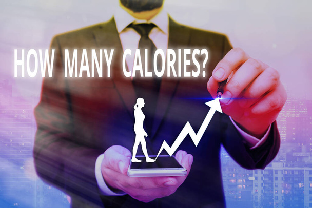 Writing note showing How Many Calories Question. Business photo showcasing asking how much energy our body could get from it Arrow symbol going upward showing significant achievement. - Photo, Image