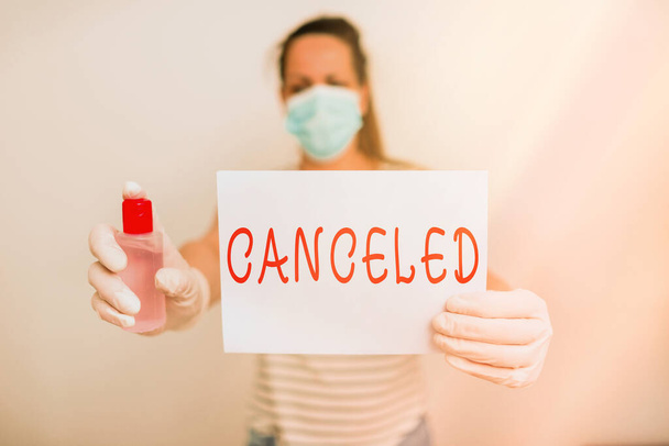 Text sign showing Canceled. Conceptual photo to decide not to conduct or perform something planned or expected Promoting health awareness with set of medical precautionary equipment. - Photo, Image