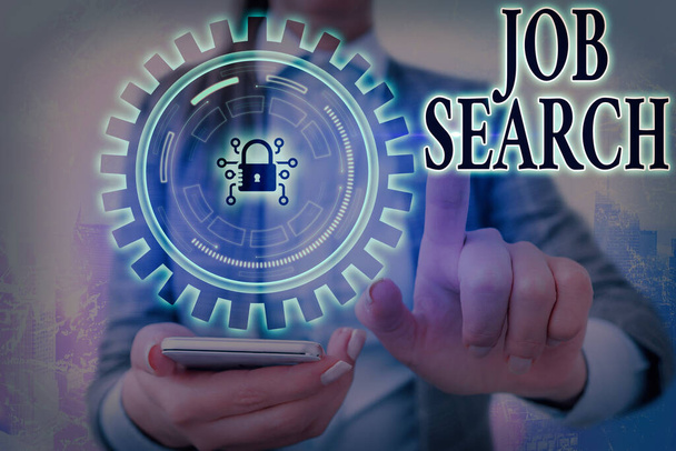 Writing note showing Job Search. Business photo showcasing an act of sourcing for job openings and apply for a position Graphics padlock for web data information security application system. - Photo, Image
