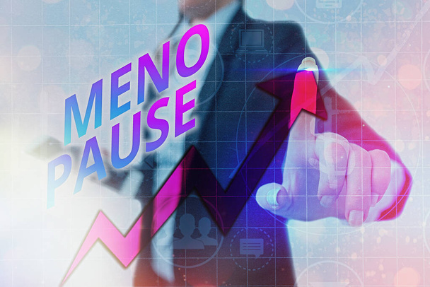 Writing note showing Meno Pause. Business photo showcasing the process through which a ceases to be fertile or menstruate Arrow symbol going upward showing significant achievement. - Photo, Image