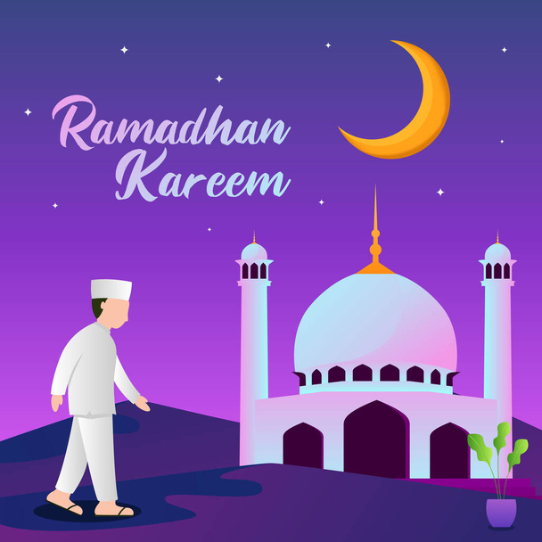 Ilustracja muzułmanina przynieść lampę i chodzenie do meczetu. Ramadan Kareem ilustracja z muzułmanami. ilustracja wektora - Wektor, obraz