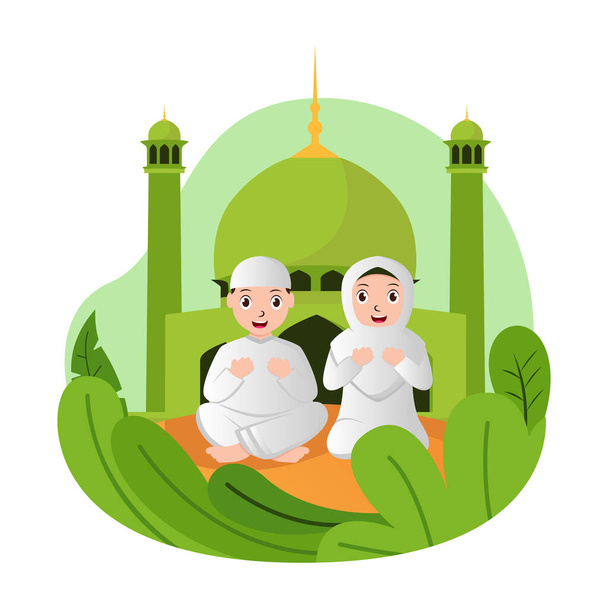 Illustratie vectorgrafiek van moslimmensen die bidden. Goed ter illustratie, posters, UI, UX Ramadan moment. vectorillustratie - Vector, afbeelding
