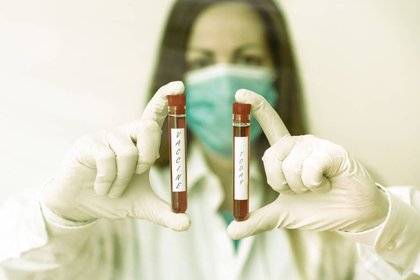 Text sign showing Vaccine. Conceptual photo preparation of killed microorganisms or living attenuated organisms Laboratory blood test sample shown for medical diagnostic analysis result. - Photo, Image