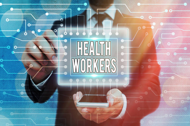 Handwriting text Health Workers. Concept meaning showing whose job to protect the health of their communities System administrator control, gear configuration settings tools concept. - Photo, Image