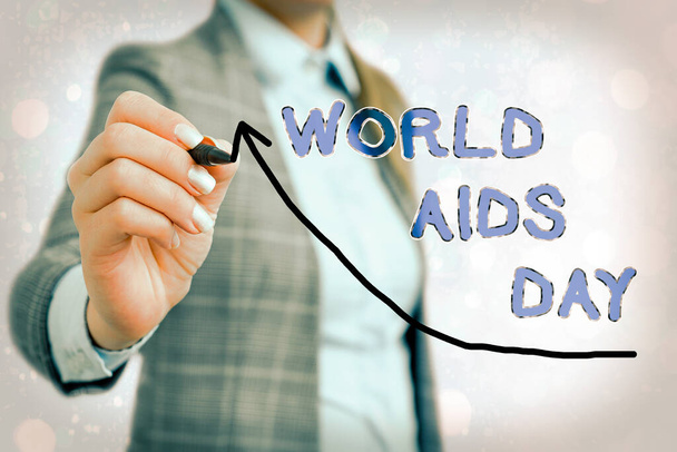 Kirjoitan lappua, jossa näkyy maailman aids-päivä. Business valokuva esittelee kansainvälisen päivän lisätä tietoisuutta AIDS pandemia Digital nuolenkärki käyrä osoittaa kasvun kehityksen käsite. - Valokuva, kuva