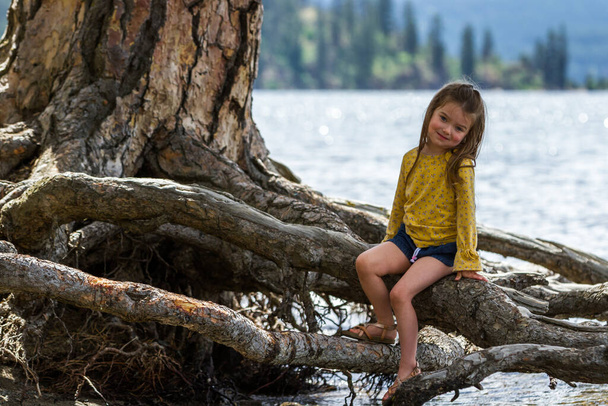 Портрет счастливой маленькой девочки, сидящей на обнаженном дереве в озере Кер-д 'Ален, Айдахо
 - Фото, изображение