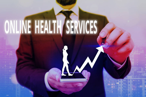 Writing note showing Online Health Services. Business photo showcasing healthcare delivered and enhanced through the internet Arrow symbol going upward showing significant achievement. - Photo, Image
