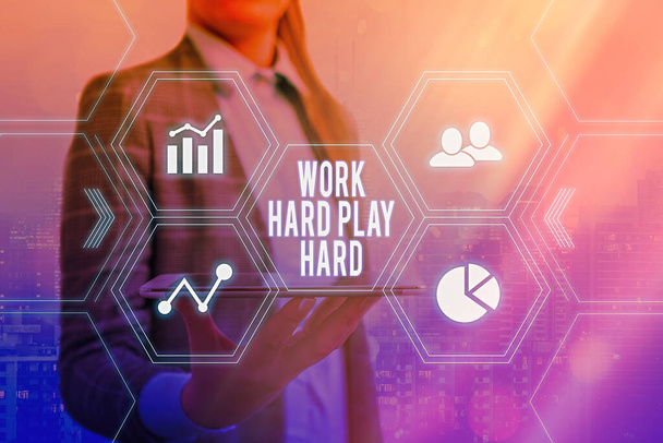 Handwriting text Work Hard Play Hard. Concept meaning diligent in any activity Party at weekends Hardworking Grids and different set up of the icons latest digital technology concept. - Photo, Image