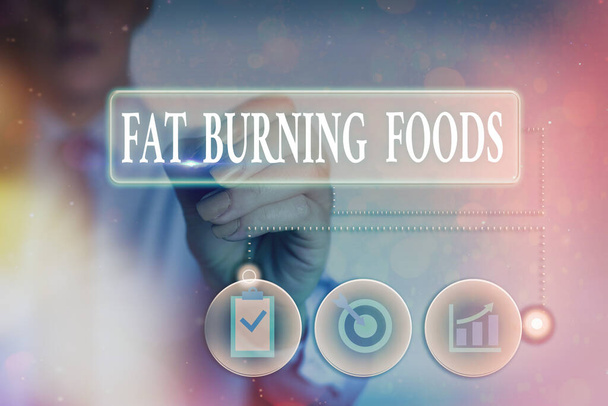 Writing note showing Fat Burning Foods. Business photo showcasing produce fat loss by stimulating metabolism to reduce appetite Information digital technology network infographic elements. - Photo, Image