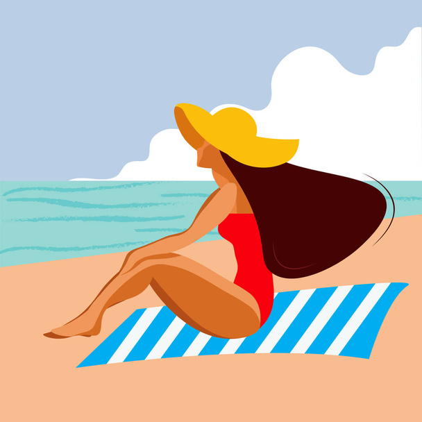 Nettes Mädchen in rotem Badeanzug und gelbem Hut am Strand. Sommerferien, Ferien. Blaues Meer, weiße Wolken. Eine Frau genießt die Sonne. Sommerkonzept, Urlaubs- und Strandkonzept. - Vektor, Bild