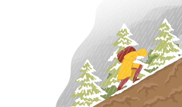 Le voyageur grimpe sur les montagnes par mauvais temps. Concept de randonnée en plein air. Illustration vectorielle plate de dessin animé couleur. - Vecteur, image