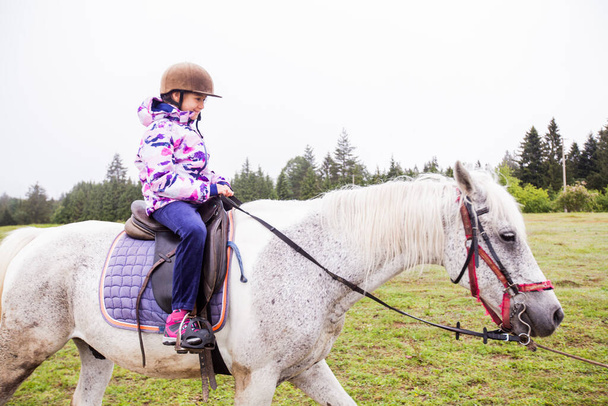 Lekcja jazdy konnej- mała dziewczynka na koniu na ranczu, krajobraz wiejski, światło dzienne - Zdjęcie, obraz